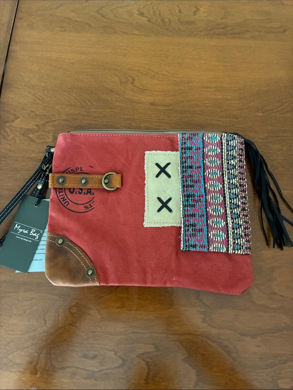 Myra Bag Canvas Wristlet Clutch in Deep Red with Woven Accent NWT